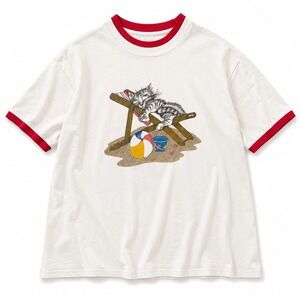 Vtg‎ Gopher Sport Cat Kitten Beach Ringer T-Shirt White Red L Animal Meow Kitty